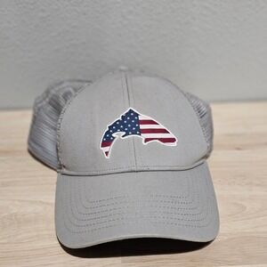 Simms Hat Men's Adjustable Gray USA Flag Fish Logo Mesh Back Trucker